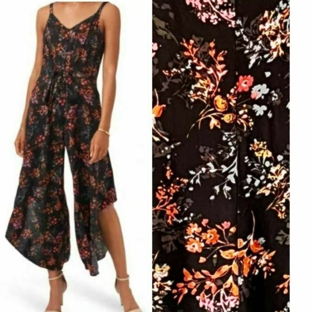1. STATE Maroon Floral Romper Jumpsuit Boho Wide Leg Asymmetrical Hem Size Small